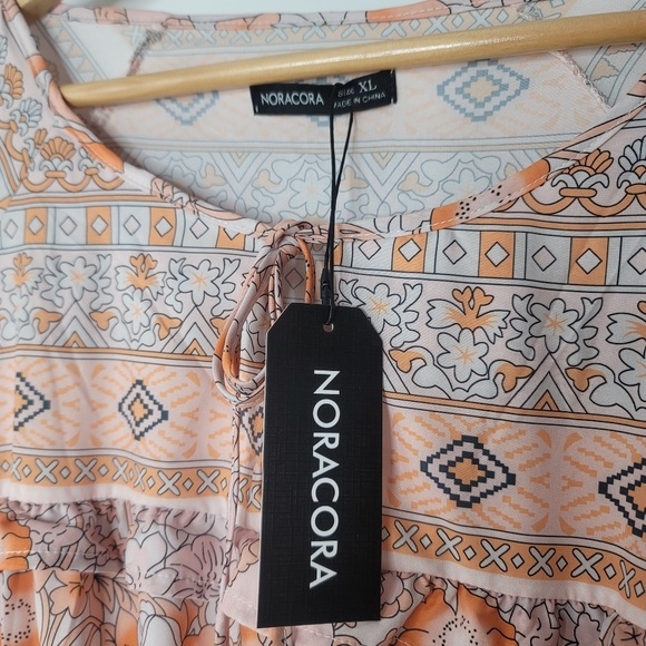 Noracora NWT boho maxi long sleeve flowey floral orange and white dress size XL - Picture 5 of 5